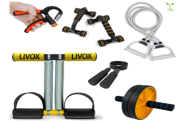 LIVOX® Home Gym Equipment Set for Full Body Workout | Tummy Trimmer, Ab Wheel & Resistance Bands