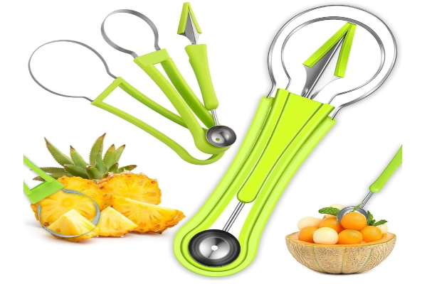 4 Tools in 1 Compact Set – Includes melon baller, carving knife, digging spoon, and cutter tool for complete fruit prep  Stainless Steel Precision Heads – Rust-resistant tips for smooth scooping and clean carving  Perfect for Desserts & Garnishing – Ideal