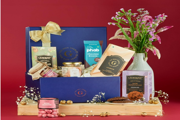 THE GIFT STUDIO Indi Gourmet Valentine gift hamper with premium Indian snacks, chocolates, cookies and nuts in elegant blue box