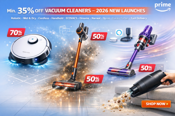 Vacuum cleaners on Amazon India including robot, handheld, cordless stick, and wet and dry models for deep home cleaning