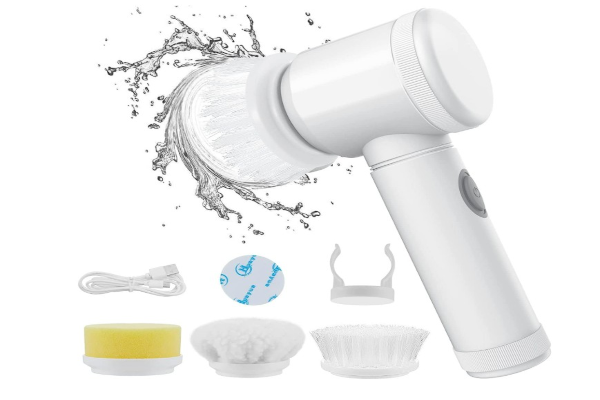 5-in-1 Cleaning System – Includes multiple detachable brush heads for kitchen slabs, bathroom tiles, tubs, sinks, pots, and floors  Powerful Spin Scrubber Action – High-speed rotation removes stubborn grease, soap scum, and stains quickly  Genius Solution
